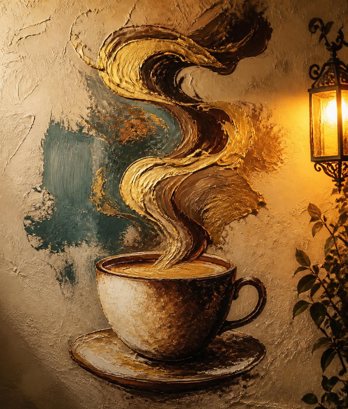 Painted coffee cup wall art at Drizzle Café